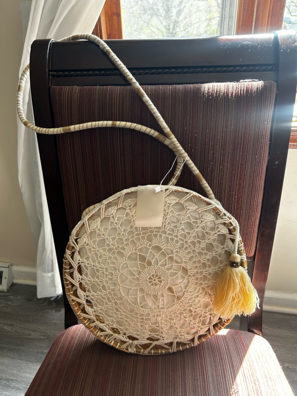 Boho Crochet & Straw Round Crossbody Bag in Cream with Tassel